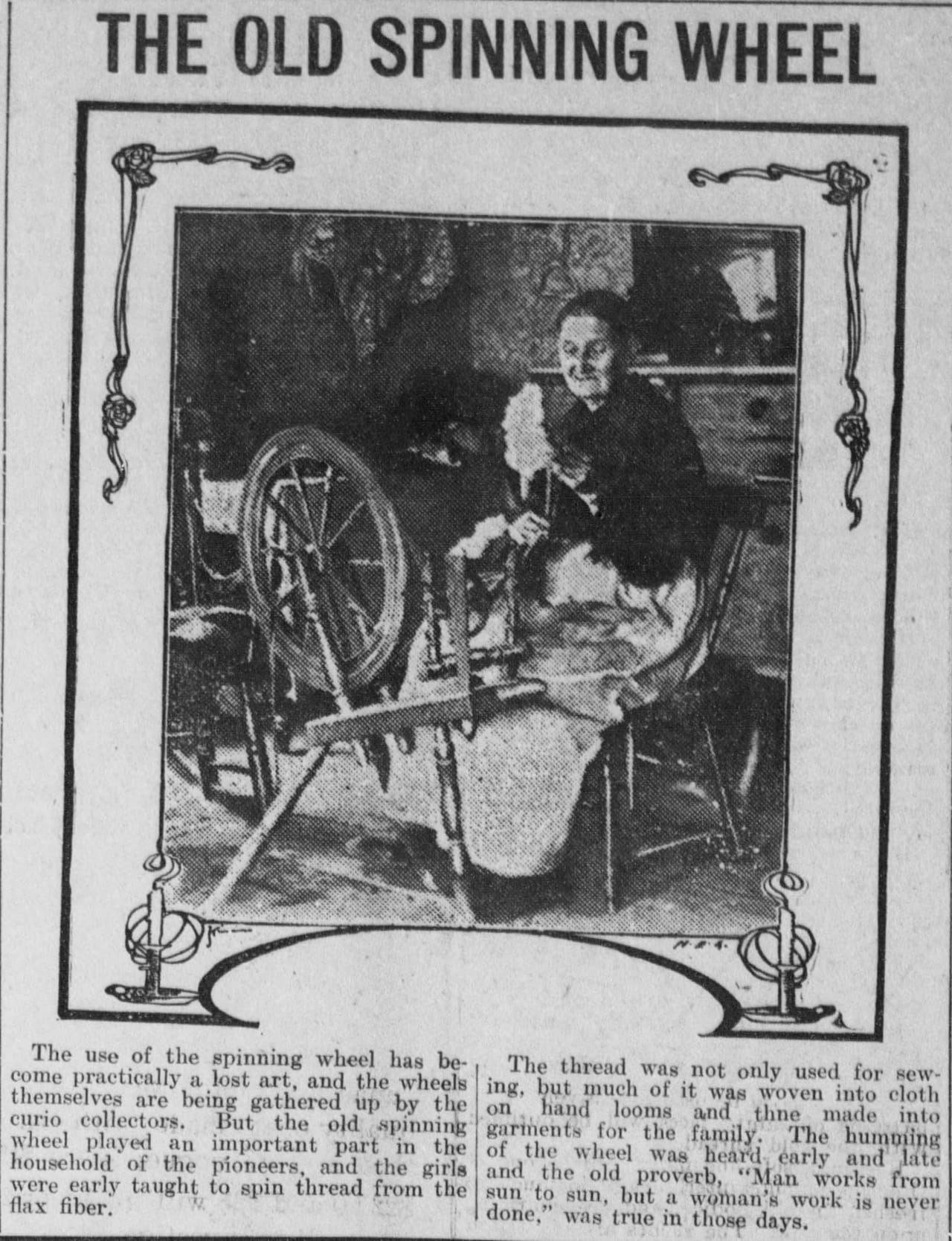 Antique engraving of a spinning wheel from 1904, showing a classic Saxony-style wheel with large drive wheel to one side and the flyer-bobbin housing to the other