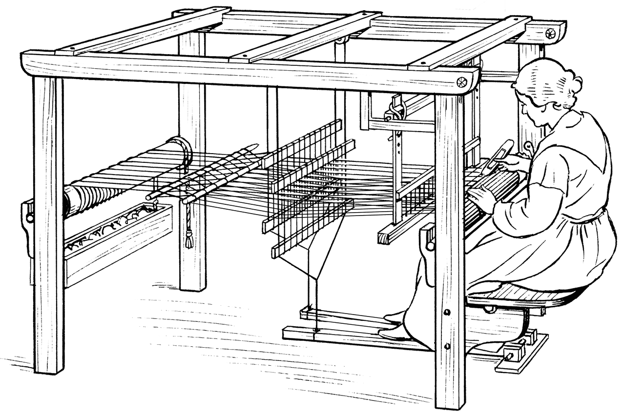 Line drawing of a simple treadle floor loom showing the major structural components including uprights, breast beam, back beam, harnesses, treadles, and beater