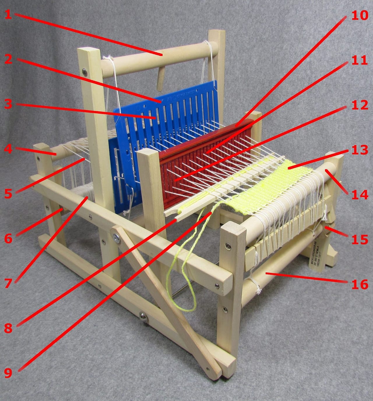 A labeled rigid heddle loom showing the numbered warp beam, heddle, reed, shuttle, and cloth beam
