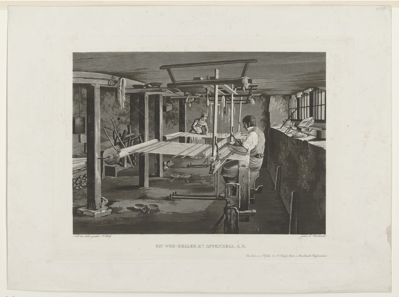 Interior of a 19th century weaving workshop in Appenzell Switzerland showing multiple floor looms fully warped and set up for weaving